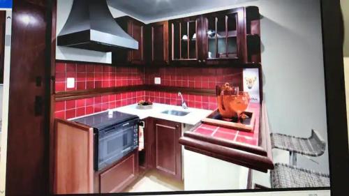 a kitchen with a sink and red tile at Bassano Vaccarini in Ribeirão Preto