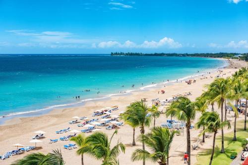 a beach with palm trees and people in the water at Downtown Beachfront Isla Verde Luxury Apartment in San Juan