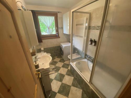 La salle de bains est pourvue d'une douche, d'un lavabo et de toilettes. dans l'établissement Appartamento 'Reit' - Bormio - giardino, parcheggio, Wi-fi, à Bormio