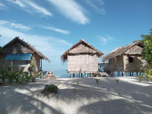 - un groupe de cabanes sur une plage avec l'océan dans l'établissement West Mansuar Homestay, à Pulau Mansuar