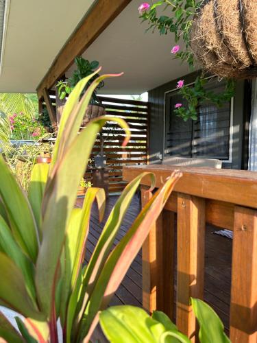 a porch with a wooden fence and a plant at Rangiriri Vacay Unit 1 in Amuri