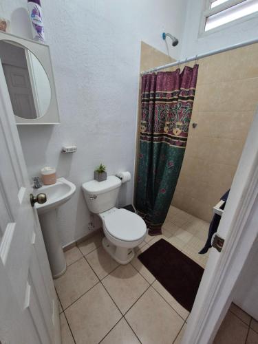 La salle de bains est pourvue de toilettes et d'un rideau de douche. dans l'établissement Gregorio Houses, 