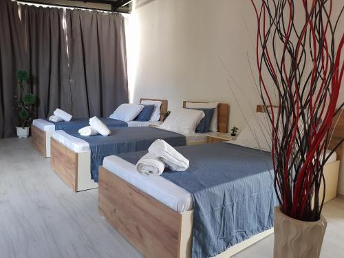 pokój z 3 łóżkami i ręcznikami w obiekcie Comfortable Slavej Apartment 1 w mieście Sveti Nikole