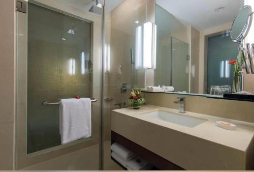 uma casa de banho com um lavatório e um chuveiro com um espelho. em Hotel Airport inn plaza near delhi airport Aerocity em Nova Deli