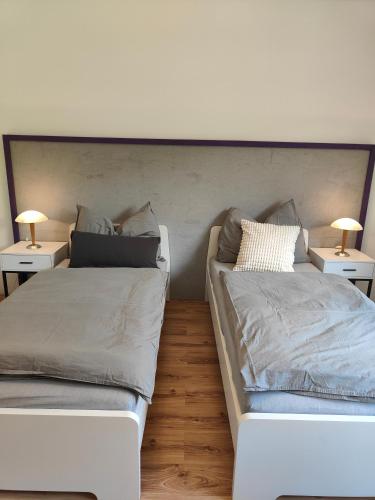 two beds sitting next to each other in a bedroom at Ferienwohnung Waldblick, nahe Jennersdorf und Therme in Windisch Minihof