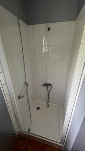 a shower in a bathroom with a glass door at Métairie de Moutiques in Cazaubon