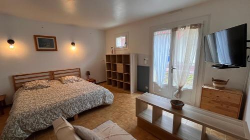 um quarto com uma cama e uma televisão de ecrã plano em Métairie de Moutiques em Cazaubon