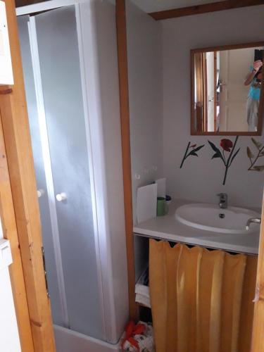 La salle de bains est pourvue d'un lavabo et d'un miroir. dans l'établissement Chalet jolie vue montagne Air vivifiant, à Saint-Léger-les-Mélèzes