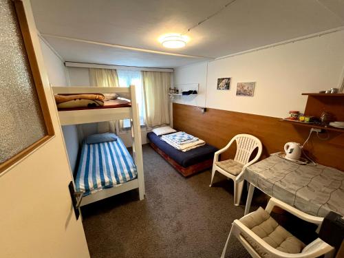 a small room with a bunk bed and a table at Chatka pod Javorovým in Třinec