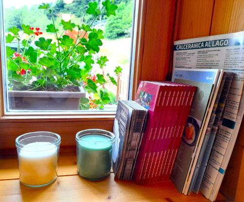 a window sill with two glasses and books on a table at B&B Chalet Dolomiti in Sant’Orsola