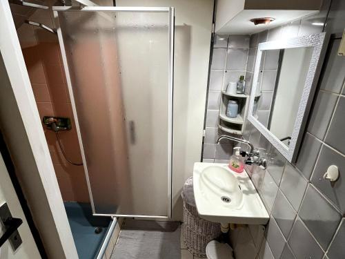 a bathroom with a shower and a sink at Chatka pod Javorovým in Třinec