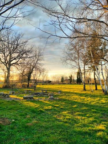 a park with trees and grass with the sun setting at Gîte au gré du vent in La Goutelle