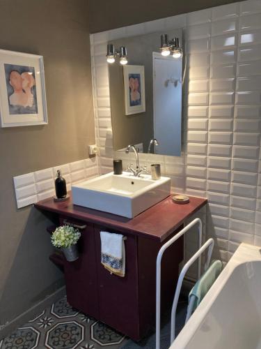une salle de bain avec un lavabo et un miroir dans l'établissement Cocon Bleu, à Troyes