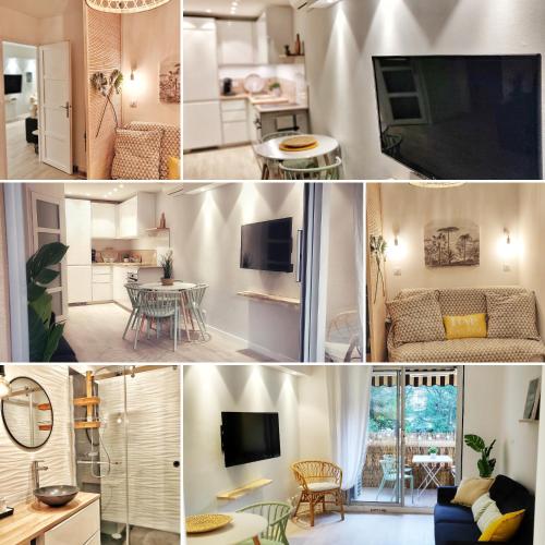 un collage de photos d'un salon et d'une cuisine dans l'établissement Plage à 3 minutes à pied, à Saint-Raphaël