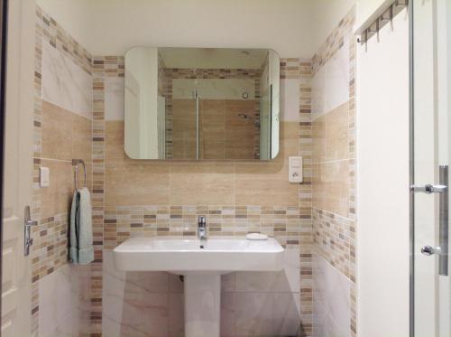 une salle de bain avec un lavabo et un miroir dans l'établissement St Victor Du Fau, à Pamiers