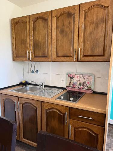 a kitchen with wooden cabinets and a sink at Small Bosnian House in Bihać