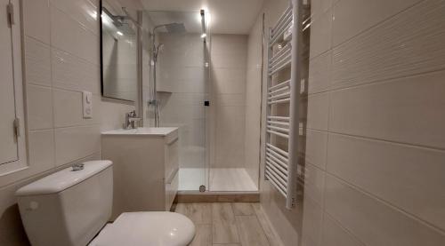 une salle de bain avec toilettes, lavabo et douche dans l'établissement Oceane, à Pornichet