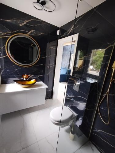 a bathroom with a sink and a mirror at Stania Glamour CENTRUM in Boszkowo-Letnisko