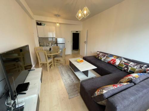 ein Wohnzimmer mit einem Sofa, einem TV und einem Tisch in der Unterkunft Cozy Apartment Therapy in Ohrid