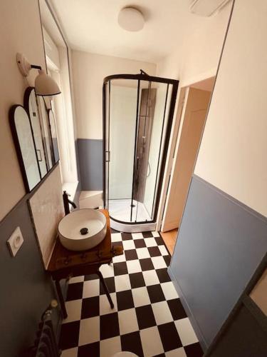 une salle de bain avec douche et toilettes dans une chambre dans l'établissement Appartement MUSÉE Le JOUR-J, à Ouistreham