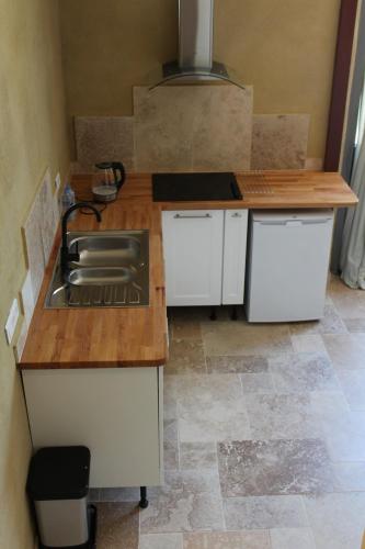 a kitchen with a sink and a counter top at Gîte Xin Dao in Sémézies-Cachan