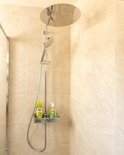 une douche avec pommeau de douche dans une salle de bain dans l'établissement Well located apartment in Paris, à Paris