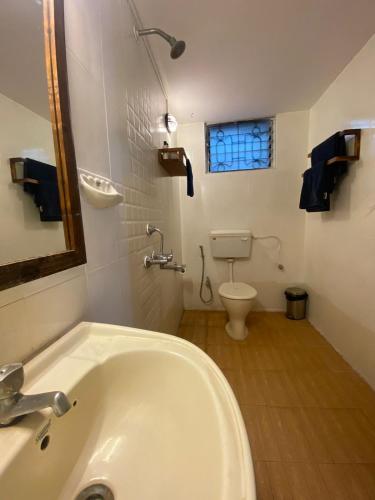 a bathroom with a white sink and a toilet at Coco Moon Morjim in Morjim