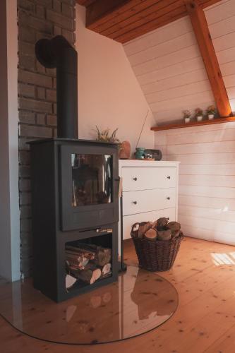 a fireplace with a tv in a living room at House Of Harry - horská chata in Liberec