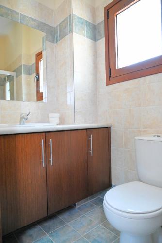 a bathroom with a toilet and a sink and a mirror at Kakopetria's Holiday House in Kakopetria