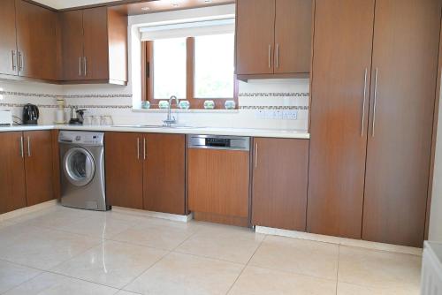 a kitchen with a sink and a washing machine at Kakopetria's Holiday House in Kakopetria