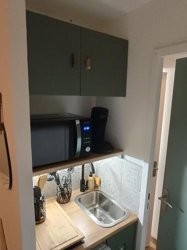 a small kitchen with a sink and a microwave at Le petit Miraline in Villarembert