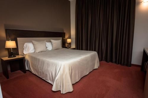 a hotel room with a bed with white sheets and pillows at HOTEL DON CAMILLO in Brescello