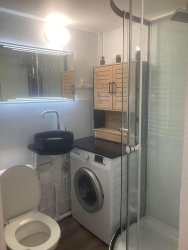 La salle de bains est pourvue de toilettes et d'un lave-linge. dans l'établissement Appartement Studio 4 couchages le môle, au Cap d'Agde