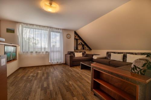 a living room with a couch and a table at Apartmány Dreams in Bešeňová