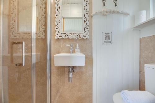 een badkamer met een wastafel en een douche bij The Shepherds Hut in Holburn