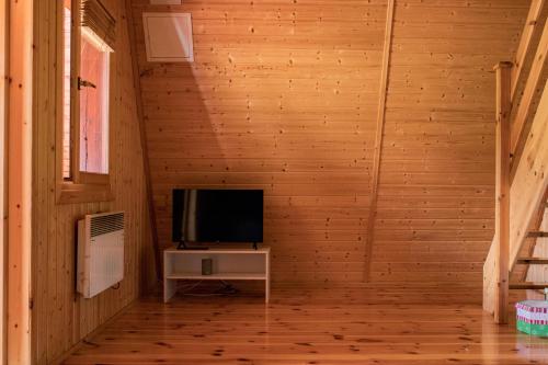 Habitación con TV en una pared de madera. en Domek letniskowy w Krasnobrodzie Roztocze en Krasnobród