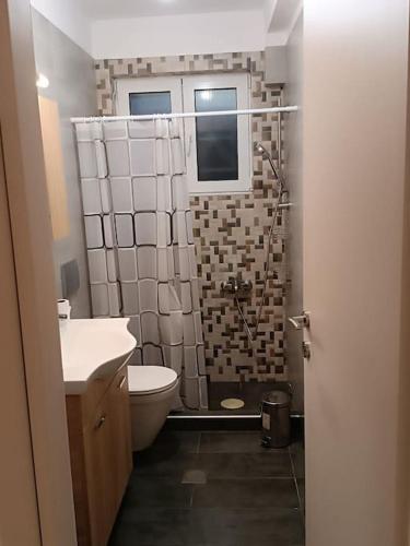 a bathroom with a shower and a toilet and a sink at Thanos Studio in Skaloma