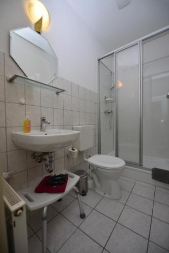 y baño con aseo, lavabo y ducha. en Christel's Pension en Brandenburg
