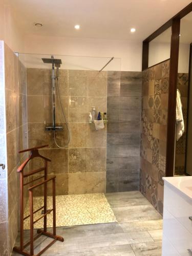 une salle de bain avec une douche avec une porte vitrée dans l'établissement Mas en Provence, à Mondragon