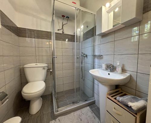 a bathroom with a shower and a toilet and a sink at Antigone's Studio in Kassiopi
