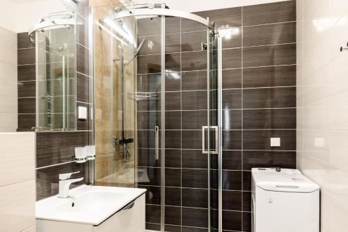 a bathroom with a shower and a sink and a toilet at Baltic Apartments in Pobierowo