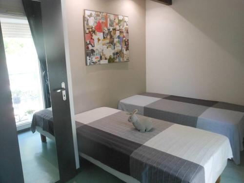 Cette chambre comprend 2 lits avec un chat assis sur le lit. dans l'établissement VILLA 3 pièces, 47m2 + TERRASSE 15m2 REF 4004, à Le Castellas