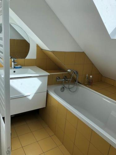 une salle de bain avec un lavabo et une baignoire dans l'établissement Land & Sea Bretagne, à Trégunc