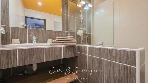 une salle de bain avec un lavabo et un miroir dans l'établissement ROSALIE - MAISON PONT-AVEN 5 PERSONNEs, à Pont-Aven