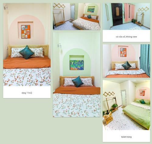 un collage di quattro foto di una camera da letto di Wasabi House 2 gần chợ đêm 5p đi bộ a Da Lat