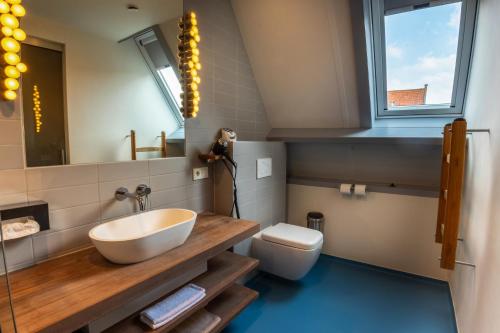 ein Badezimmer mit einem großen Waschbecken und einem WC in der Unterkunft Hotel de MAGISTRAAT in Willemstad