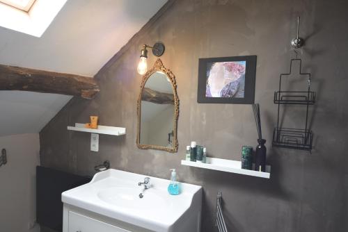 une salle de bain avec un lavabo et un miroir dans l'établissement Silent Valley Bed & Breakfast, à Larochemillay