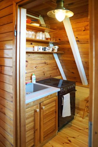 a kitchen with a stove and a sink at The Rainbow - Domki Letniskowe in Dźwirzyno