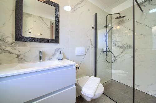 a bathroom with a shower and a toilet and a sink at New villa with pool, sea view, close to a beautiful beach - By TRAVELER tourist agency Krk - ID 2407 in Krk