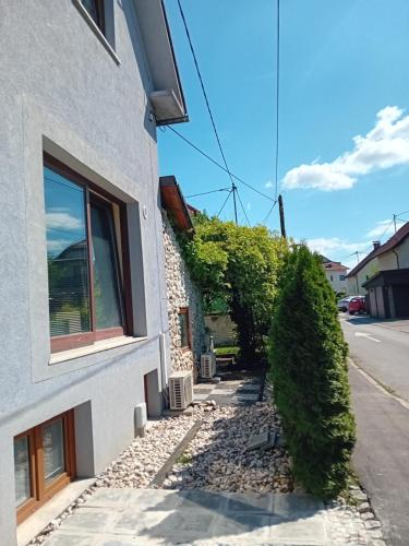 a building with a hedge next to a street at Apartment Baci for 4 guests in Ljubljana